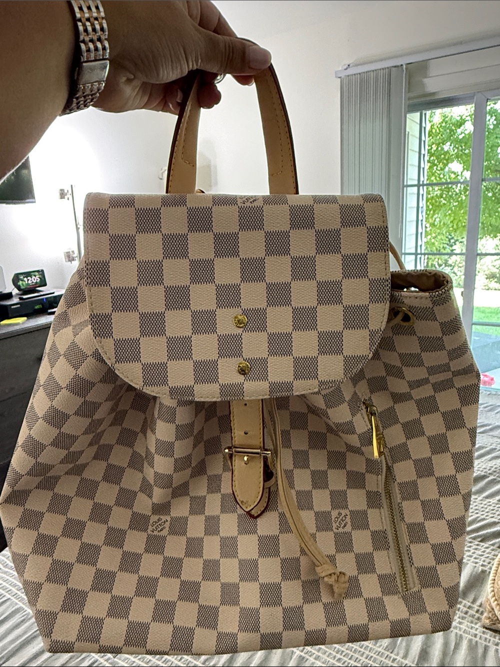 Beige Checkered Women's Backpack Purse